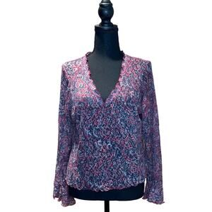 Women's INC Long Sleeve, V-Neck, Lace Burgundy, Paisley Blouse, Size Lg. EUC